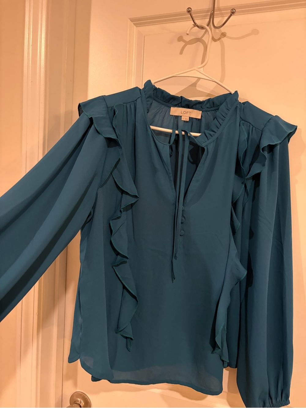 LOFT Teal Ruffle Blouse Size Medium – Sheer Long Sleeve Feminine Top